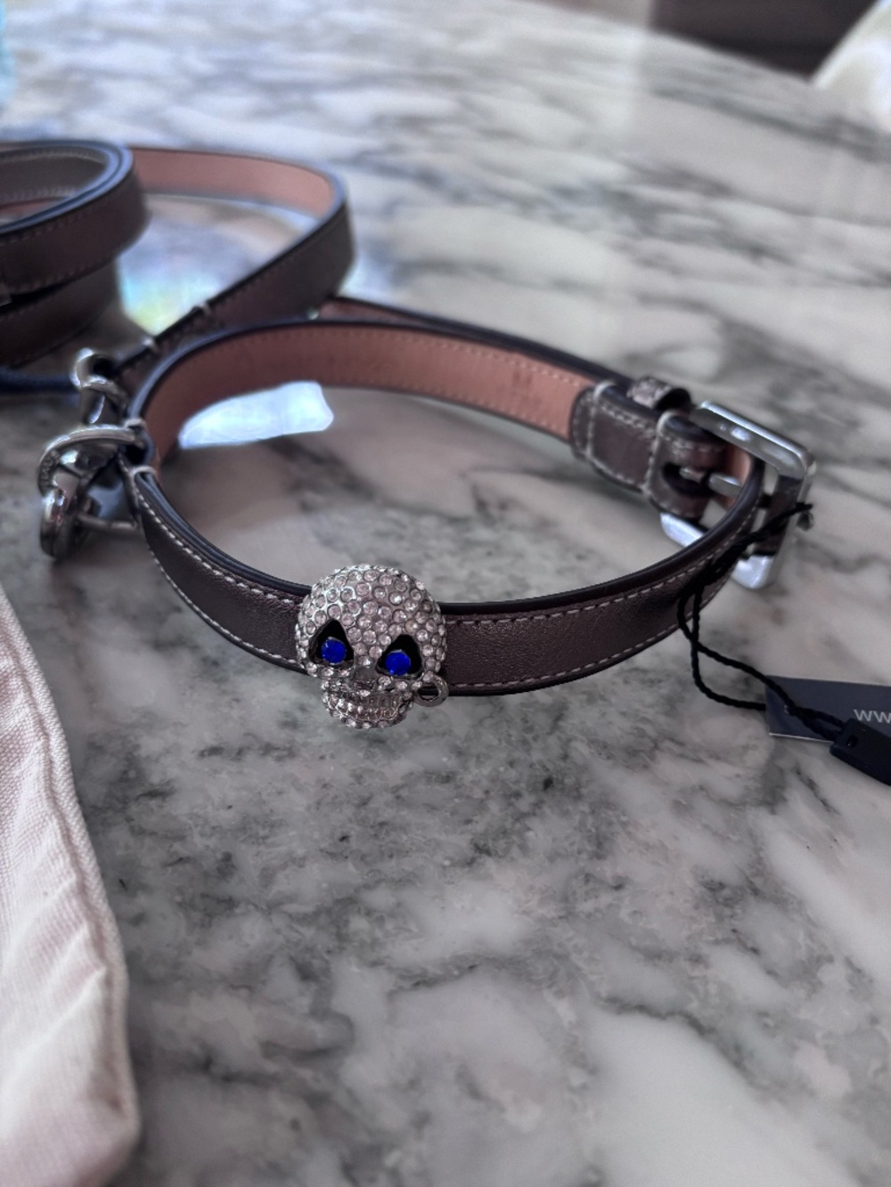 Bowhausnyc- Ant. brass metallic collar/leash set w/alien. M- 13.5"-16.5" collar